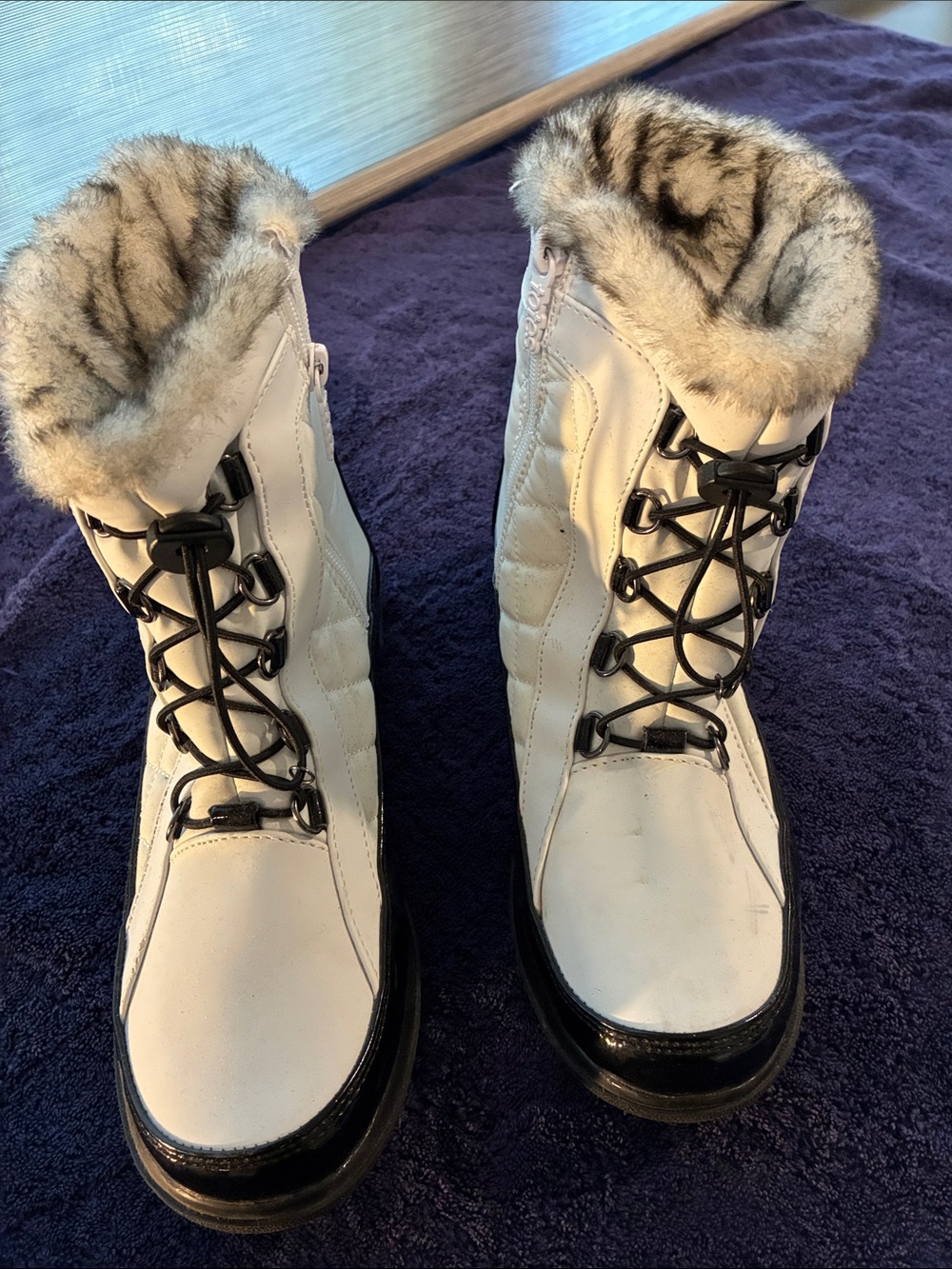 White Faux-Fur Lace-Up Winter Boots